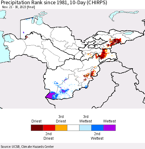 Central Asia Precipitation Rank since 1981, 10-Day (CHIRPS) Thematic Map For 11/21/2023 - 11/30/2023