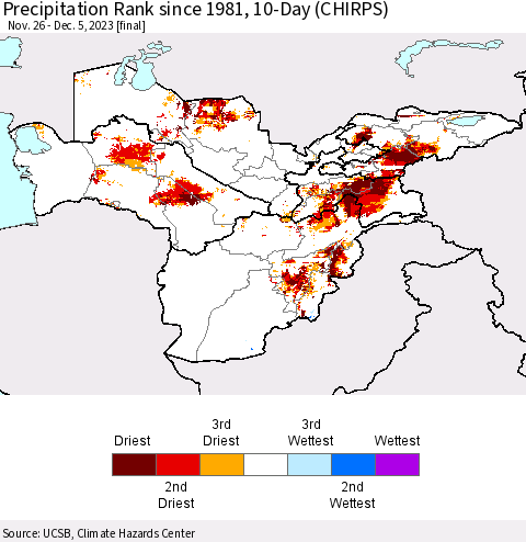 Central Asia Precipitation Rank since 1981, 10-Day (CHIRPS) Thematic Map For 11/26/2023 - 12/5/2023
