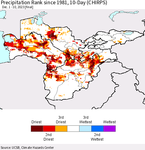 Central Asia Precipitation Rank since 1981, 10-Day (CHIRPS) Thematic Map For 12/1/2023 - 12/10/2023