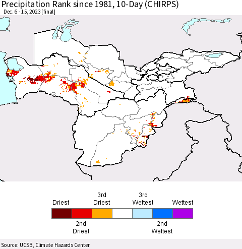 Central Asia Precipitation Rank since 1981, 10-Day (CHIRPS) Thematic Map For 12/6/2023 - 12/15/2023