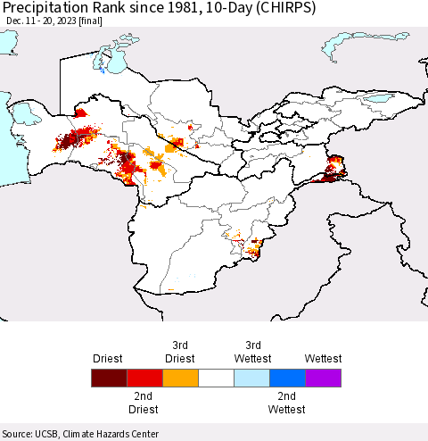Central Asia Precipitation Rank since 1981, 10-Day (CHIRPS) Thematic Map For 12/11/2023 - 12/20/2023