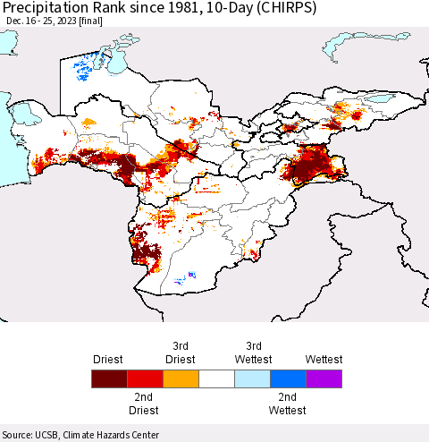 Central Asia Precipitation Rank since 1981, 10-Day (CHIRPS) Thematic Map For 12/16/2023 - 12/25/2023