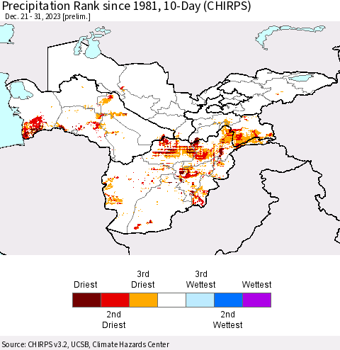 Central Asia Precipitation Rank since 1981, 10-Day (CHIRPS) Thematic Map For 12/21/2023 - 12/31/2023