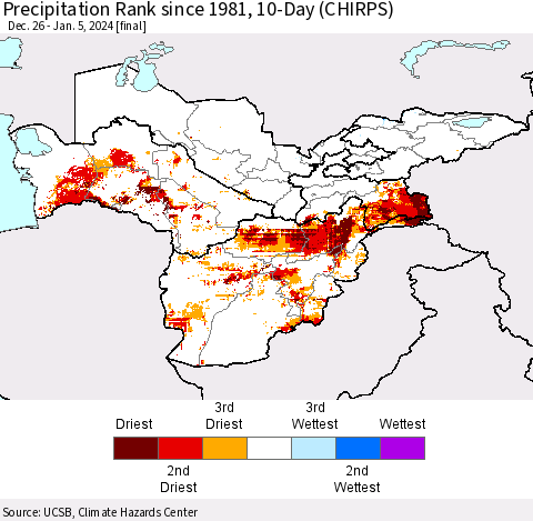 Central Asia Precipitation Rank since 1981, 10-Day (CHIRPS) Thematic Map For 12/26/2023 - 1/5/2024