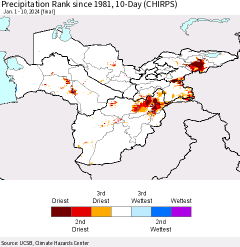 Central Asia Precipitation Rank since 1981, 10-Day (CHIRPS) Thematic Map For 1/1/2024 - 1/10/2024