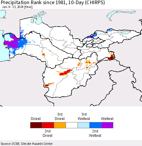 Central Asia Precipitation Rank since 1981, 10-Day (CHIRPS) Thematic Map For 1/6/2024 - 1/15/2024