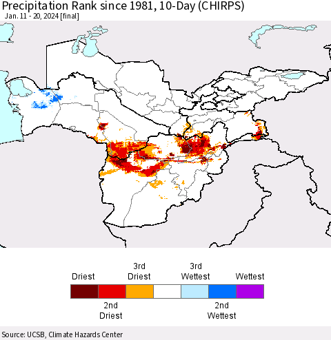 Central Asia Precipitation Rank since 1981, 10-Day (CHIRPS) Thematic Map For 1/11/2024 - 1/20/2024