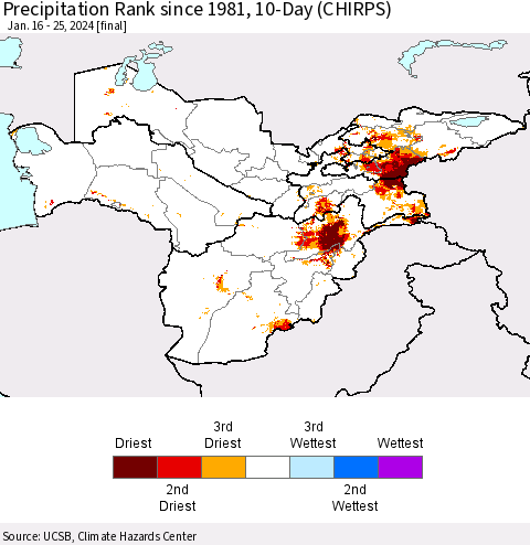 Central Asia Precipitation Rank since 1981, 10-Day (CHIRPS) Thematic Map For 1/16/2024 - 1/25/2024