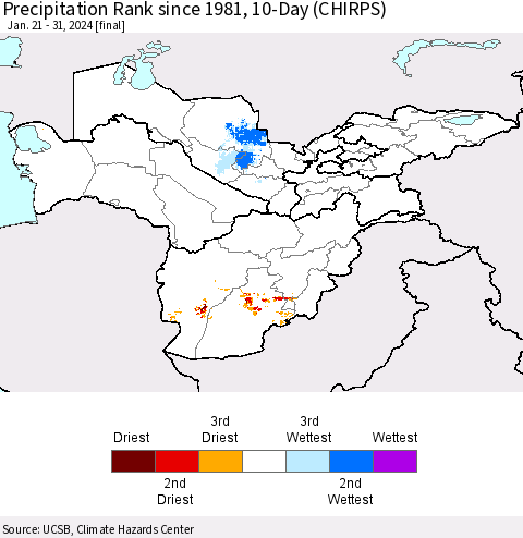 Central Asia Precipitation Rank since 1981, 10-Day (CHIRPS) Thematic Map For 1/21/2024 - 1/31/2024