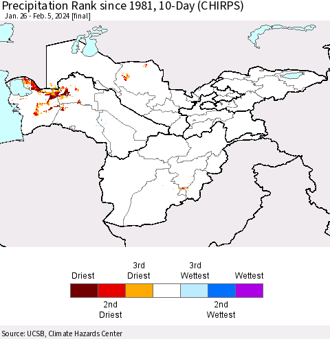 Central Asia Precipitation Rank since 1981, 10-Day (CHIRPS) Thematic Map For 1/26/2024 - 2/5/2024