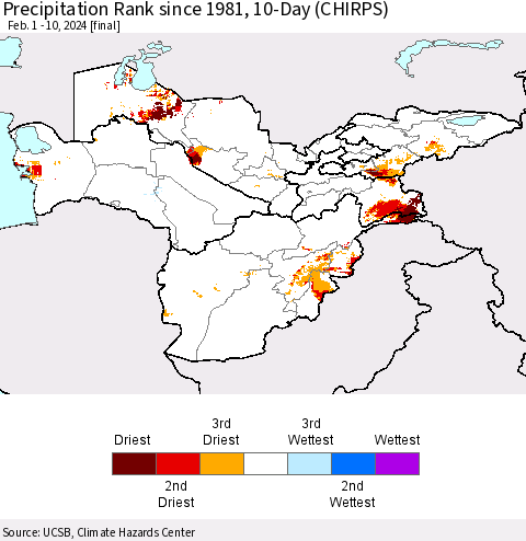 Central Asia Precipitation Rank since 1981, 10-Day (CHIRPS) Thematic Map For 2/1/2024 - 2/10/2024