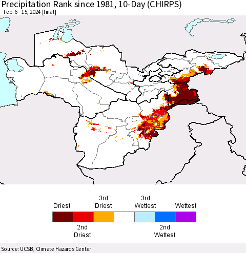 Central Asia Precipitation Rank since 1981, 10-Day (CHIRPS) Thematic Map For 2/6/2024 - 2/15/2024