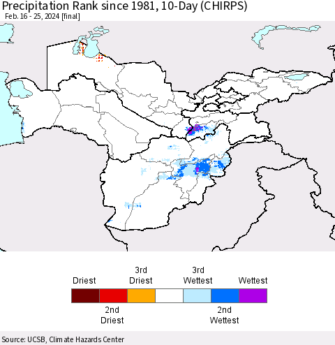 Central Asia Precipitation Rank since 1981, 10-Day (CHIRPS) Thematic Map For 2/16/2024 - 2/25/2024