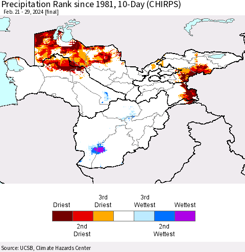 Central Asia Precipitation Rank since 1981, 10-Day (CHIRPS) Thematic Map For 2/21/2024 - 2/29/2024