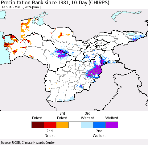 Central Asia Precipitation Rank since 1981, 10-Day (CHIRPS) Thematic Map For 2/26/2024 - 3/5/2024