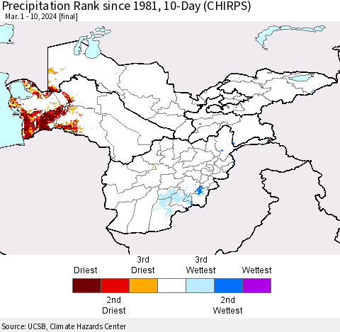 Central Asia Precipitation Rank since 1981, 10-Day (CHIRPS) Thematic Map For 3/1/2024 - 3/10/2024