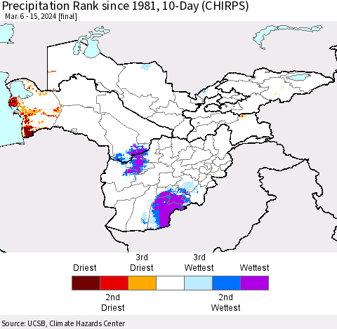 Central Asia Precipitation Rank since 1981, 10-Day (CHIRPS) Thematic Map For 3/6/2024 - 3/15/2024