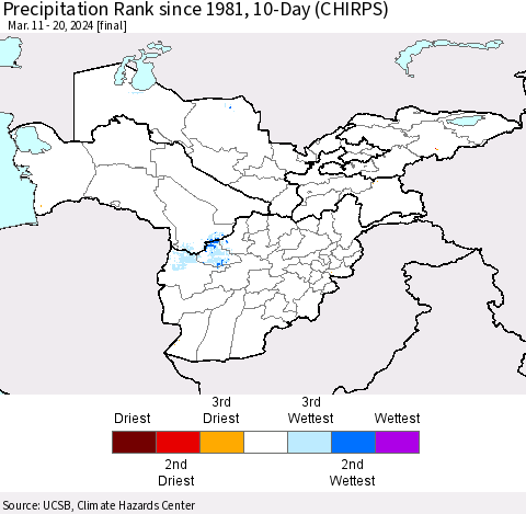 Central Asia Precipitation Rank since 1981, 10-Day (CHIRPS) Thematic Map For 3/11/2024 - 3/20/2024