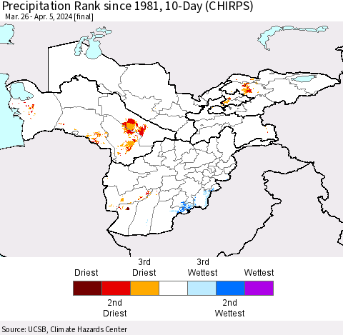 Central Asia Precipitation Rank since 1981, 10-Day (CHIRPS) Thematic Map For 3/26/2024 - 4/5/2024