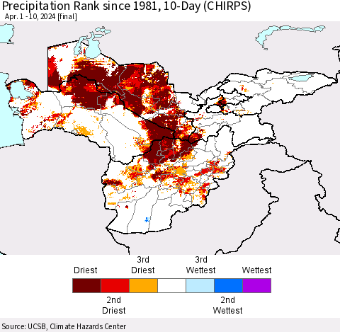Central Asia Precipitation Rank since 1981, 10-Day (CHIRPS) Thematic Map For 4/1/2024 - 4/10/2024