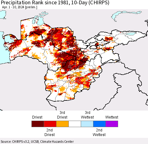 Central Asia Precipitation Rank since 1981, 10-Day (CHIRPS) Thematic Map For 4/1/2024 - 4/10/2024