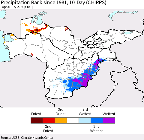 Central Asia Precipitation Rank since 1981, 10-Day (CHIRPS) Thematic Map For 4/6/2024 - 4/15/2024