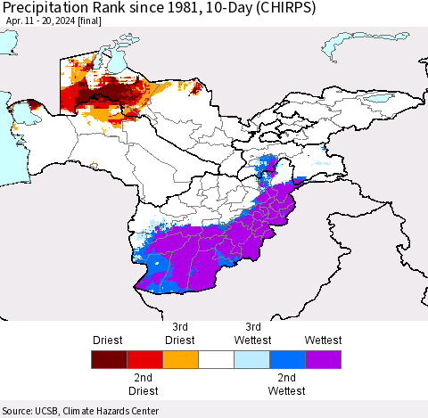 Central Asia Precipitation Rank since 1981, 10-Day (CHIRPS) Thematic Map For 4/11/2024 - 4/20/2024