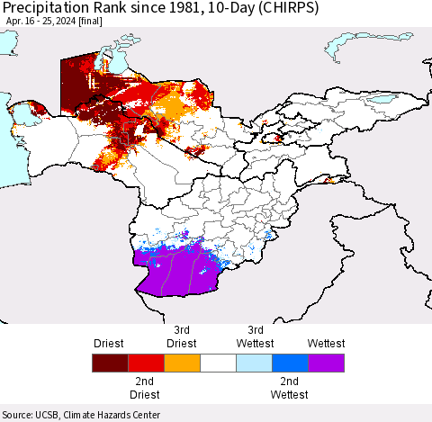 Central Asia Precipitation Rank since 1981, 10-Day (CHIRPS) Thematic Map For 4/16/2024 - 4/25/2024