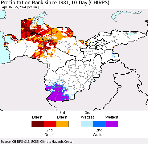 Central Asia Precipitation Rank since 1981, 10-Day (CHIRPS) Thematic Map For 4/16/2024 - 4/25/2024