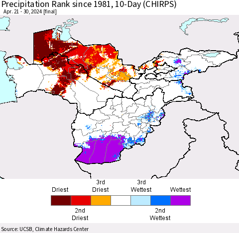 Central Asia Precipitation Rank since 1981, 10-Day (CHIRPS) Thematic Map For 4/21/2024 - 4/30/2024