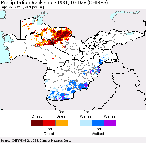 Central Asia Precipitation Rank since 1981, 10-Day (CHIRPS) Thematic Map For 4/26/2024 - 5/5/2024