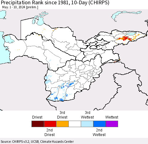 Central Asia Precipitation Rank since 1981, 10-Day (CHIRPS) Thematic Map For 5/1/2024 - 5/10/2024