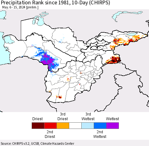 Central Asia Precipitation Rank since 1981, 10-Day (CHIRPS) Thematic Map For 5/6/2024 - 5/15/2024