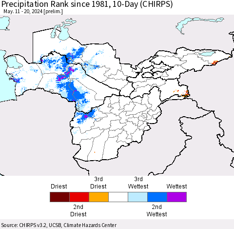 Central Asia Precipitation Rank since 1981, 10-Day (CHIRPS) Thematic Map For 5/11/2024 - 5/20/2024