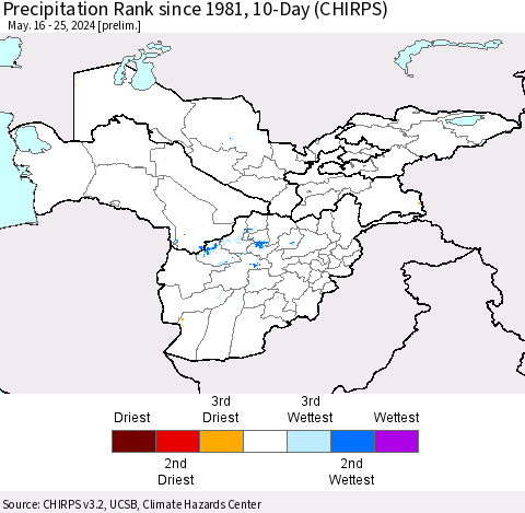 Central Asia Precipitation Rank since 1981, 10-Day (CHIRPS) Thematic Map For 5/16/2024 - 5/25/2024