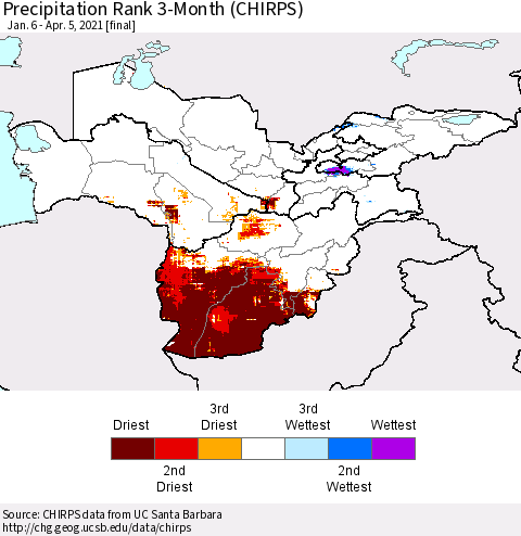 Central Asia Precipitation Rank since 1981, 3-Month (CHIRPS) Thematic Map For 1/6/2021 - 4/5/2021