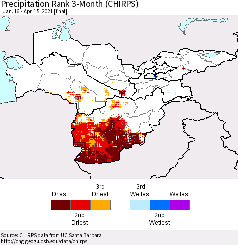Central Asia Precipitation Rank since 1981, 3-Month (CHIRPS) Thematic Map For 1/16/2021 - 4/15/2021