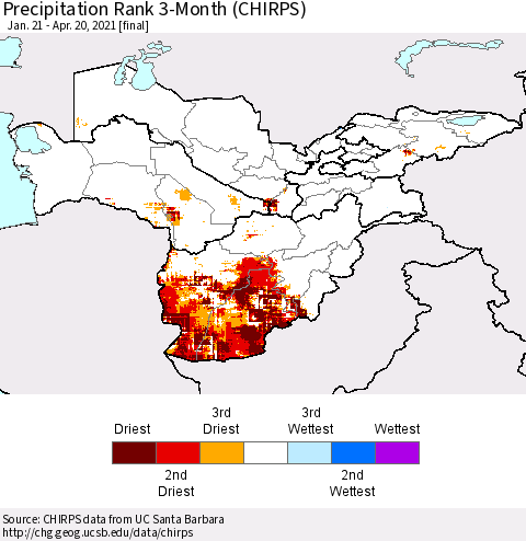 Central Asia Precipitation Rank since 1981, 3-Month (CHIRPS) Thematic Map For 1/21/2021 - 4/20/2021