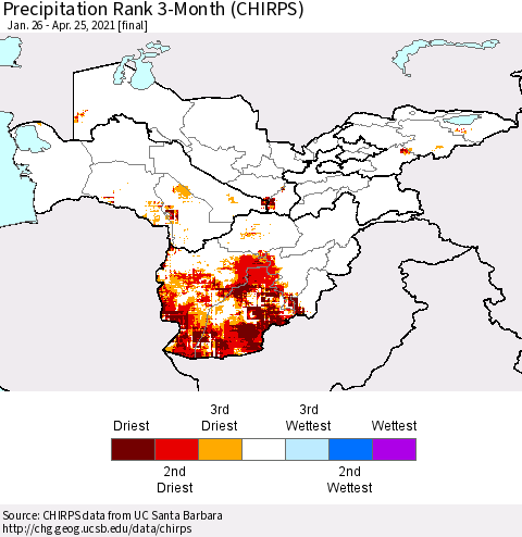 Central Asia Precipitation Rank since 1981, 3-Month (CHIRPS) Thematic Map For 1/26/2021 - 4/25/2021
