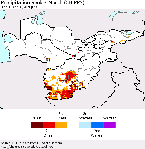 Central Asia Precipitation Rank since 1981, 3-Month (CHIRPS) Thematic Map For 2/1/2021 - 4/30/2021