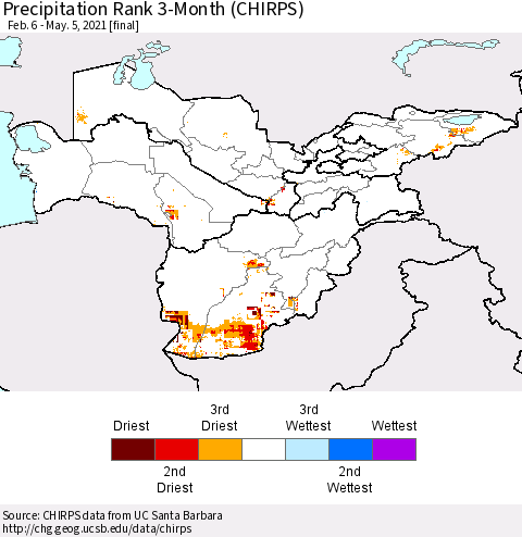 Central Asia Precipitation Rank since 1981, 3-Month (CHIRPS) Thematic Map For 2/6/2021 - 5/5/2021