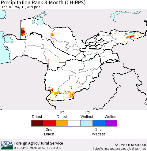 Central Asia Precipitation Rank since 1981, 3-Month (CHIRPS) Thematic Map For 2/16/2021 - 5/15/2021