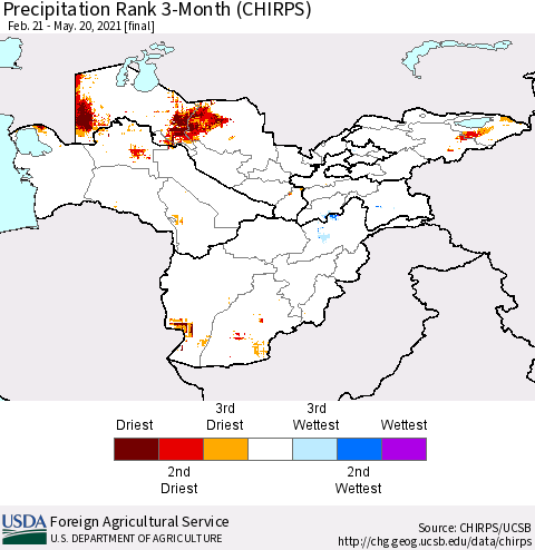 Central Asia Precipitation Rank since 1981, 3-Month (CHIRPS) Thematic Map For 2/21/2021 - 5/20/2021