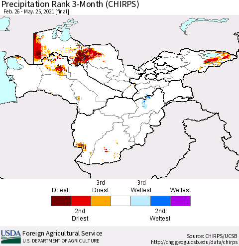 Central Asia Precipitation Rank since 1981, 3-Month (CHIRPS) Thematic Map For 2/26/2021 - 5/25/2021