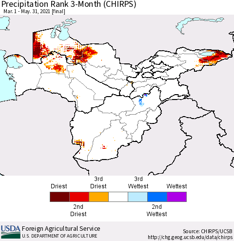 Central Asia Precipitation Rank since 1981, 3-Month (CHIRPS) Thematic Map For 3/1/2021 - 5/31/2021