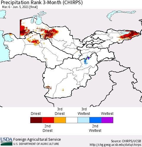 Central Asia Precipitation Rank since 1981, 3-Month (CHIRPS) Thematic Map For 3/6/2021 - 6/5/2021