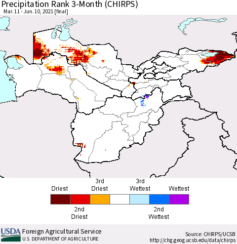 Central Asia Precipitation Rank since 1981, 3-Month (CHIRPS) Thematic Map For 3/11/2021 - 6/10/2021