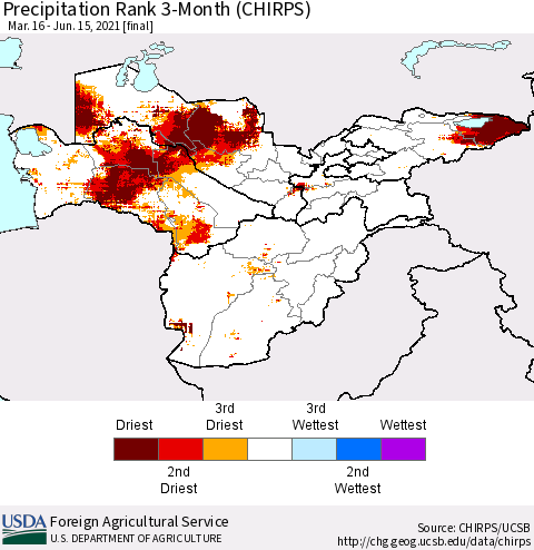 Central Asia Precipitation Rank since 1981, 3-Month (CHIRPS) Thematic Map For 3/16/2021 - 6/15/2021