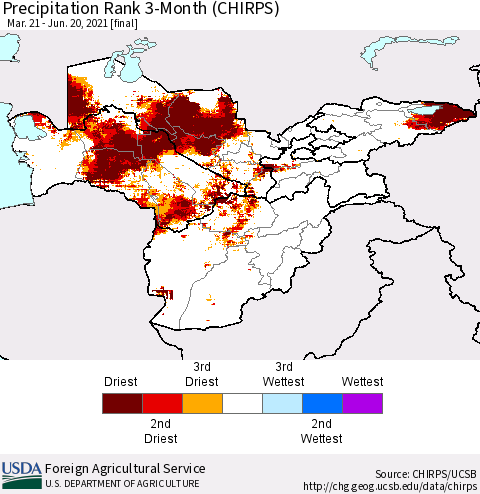 Central Asia Precipitation Rank since 1981, 3-Month (CHIRPS) Thematic Map For 3/21/2021 - 6/20/2021