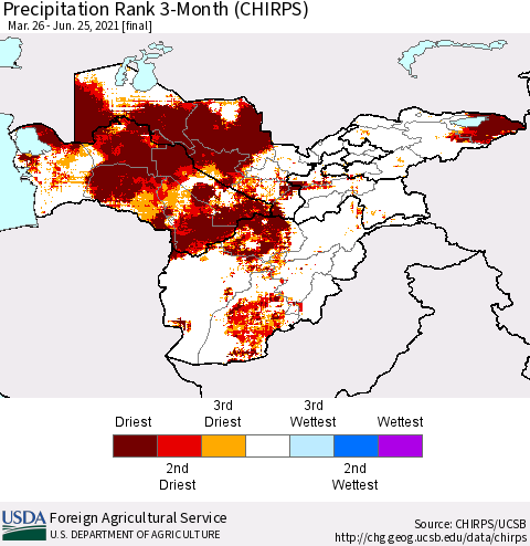 Central Asia Precipitation Rank since 1981, 3-Month (CHIRPS) Thematic Map For 3/26/2021 - 6/25/2021